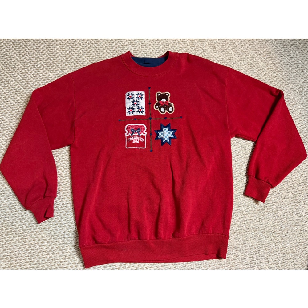 Vintage Red Sweatshirt XL Teddy Bear Strawberry Jam Cottagecore farmhouse granny